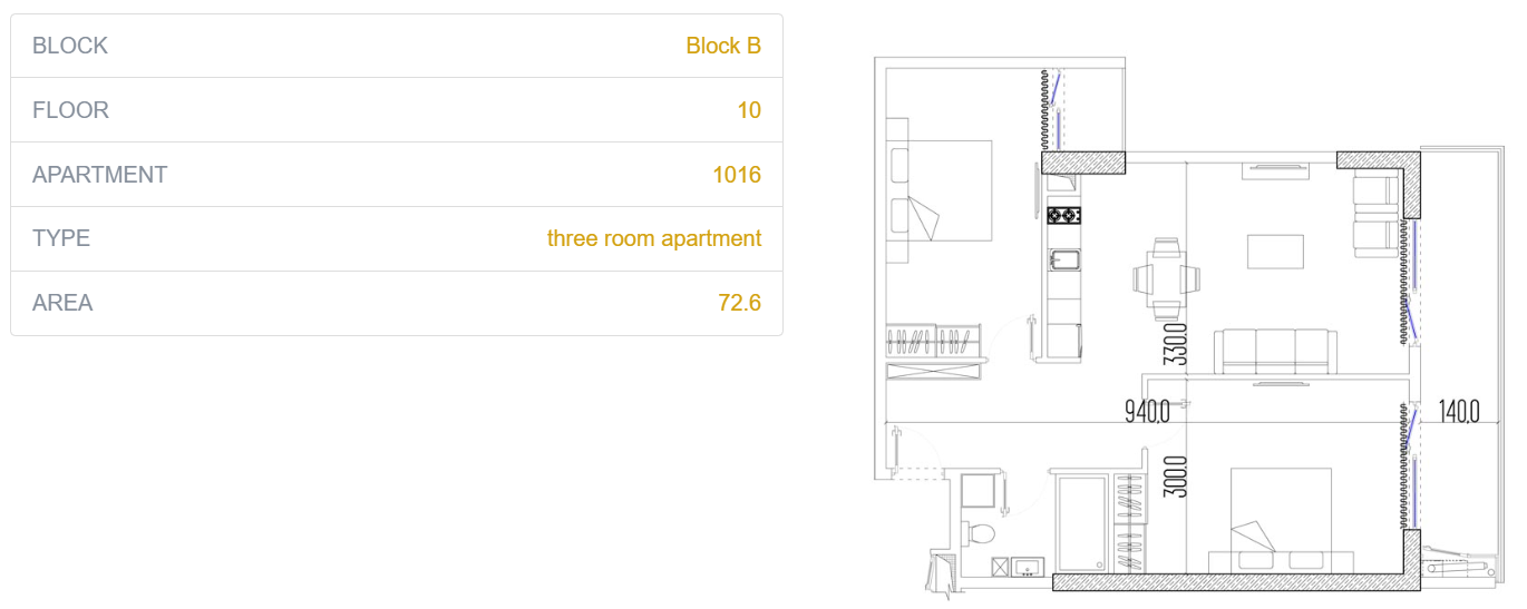 BA-I-B1016-1 Two-bedroom 2+1 apartment for sale with a view of the courtyard