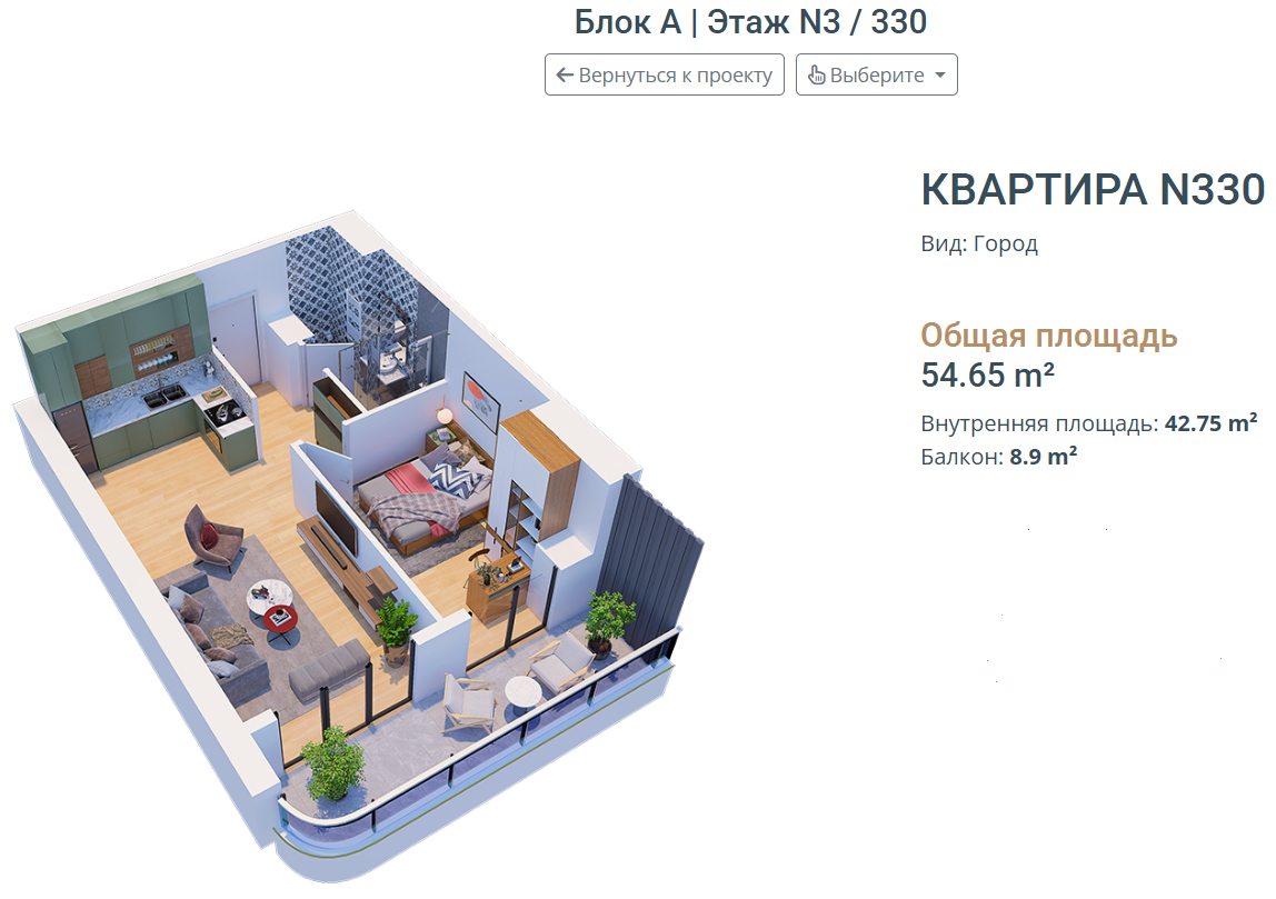 Продается двухкомнатная квартира 1+1 с видом на город