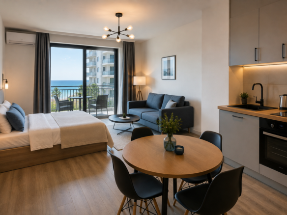 Studio apartment for sale with a view of the courtyard and the sea