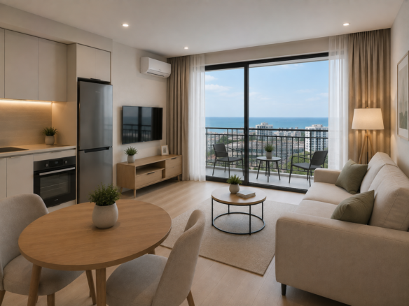 One-bedroom 1+1 apartment for sale with a sea view.