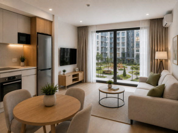 One-bedroom 1+1 apartment for sale with a view of the courtyard and swimming pool.