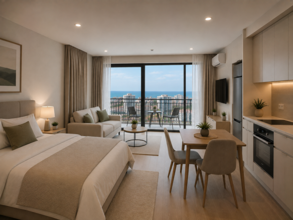 Studio apartment for sale with a view of the sea and the city.