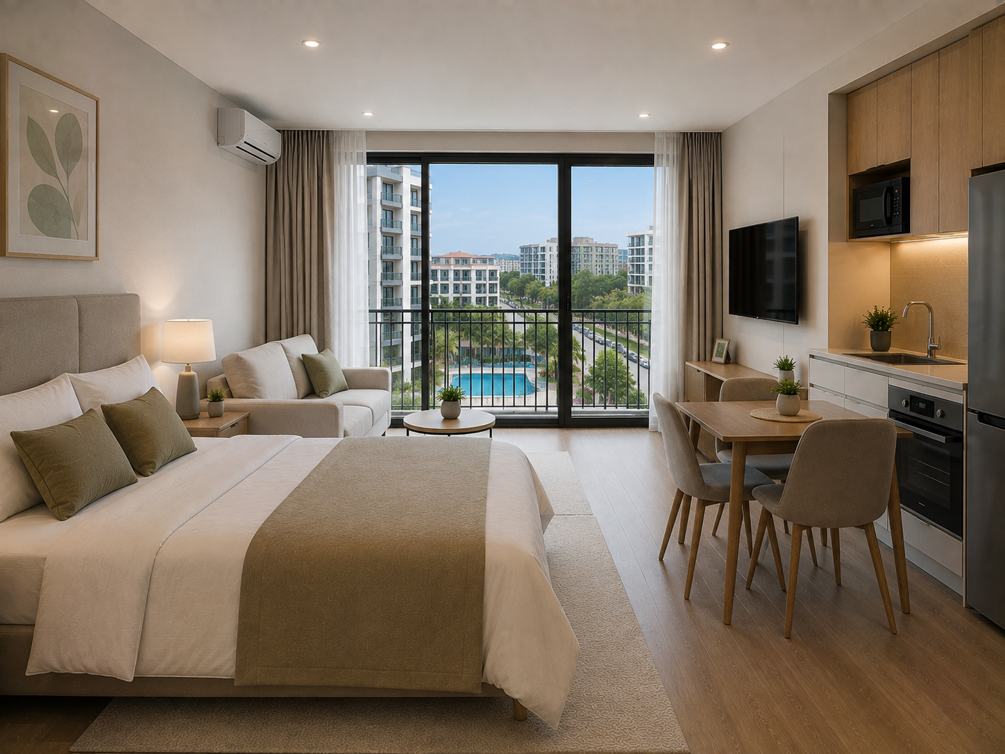 OK-GR-B1616 Studio apartment for sale with a view of the street and the pool.